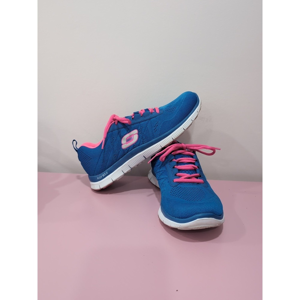 Skechers Women's Flex‎ Appeal Low-Top Trainers Blue with Pink Accents Size 8.5